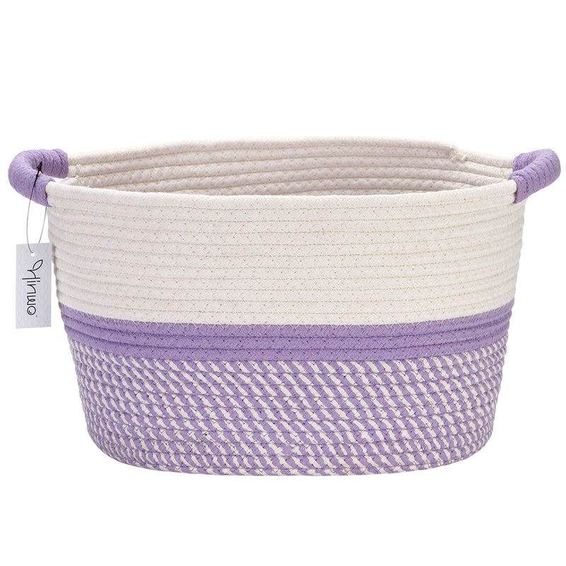 Hinwo Oval Cotton Rope Storage Basket Collapsible Nursery Storage Box Container Organizer with Handles, 13 x 10 inches, Off White and Lavander - Image 1